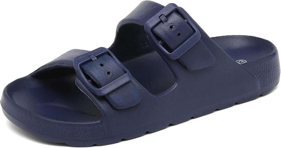 INMINPIN Boys Girls Double Buckle Slide Sandals Comfort Beach Pool Shower Slippers Adjustable Indoor Outdoor Little Kid/Big Kid (Deep Blue)