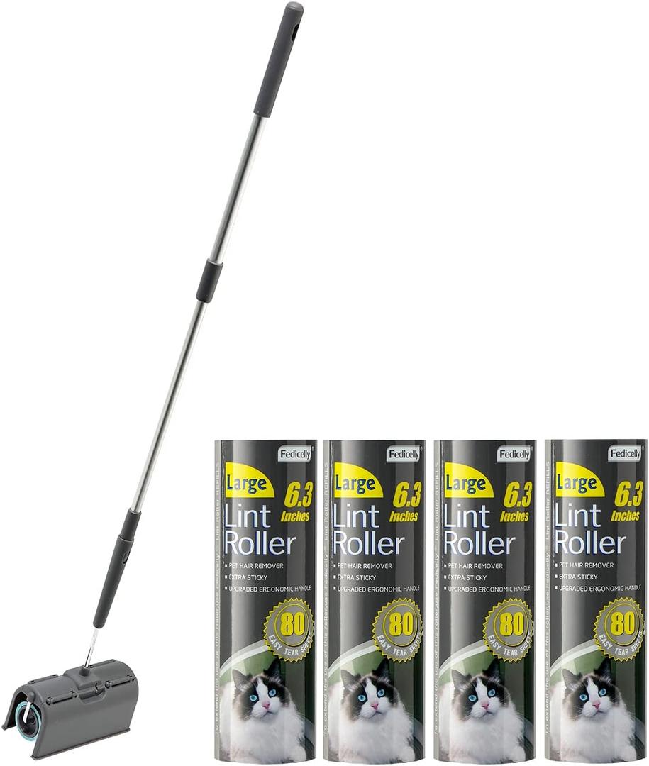 Fedicelly Lint Rollers Pet Hair Extra Sticky Floor with Long Handle,Large Cat Dog Hair Remover Laundry Clothes Carpet Furniture,6.3 inches Wider with 320 Sheets Giant Lint Remover Brush for Couch