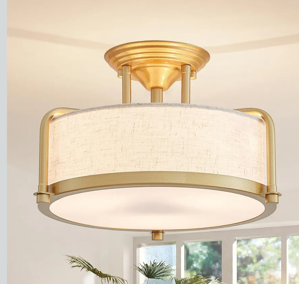 Modern Drum Ceiling Light, Semi-Flushmount Close to Ceiling Light Fixture for Living Room, Bedroom, Dining Room,Kitchen, D13 x 8 in, Linen Fabric Shade & Gold Finish Metal Frame