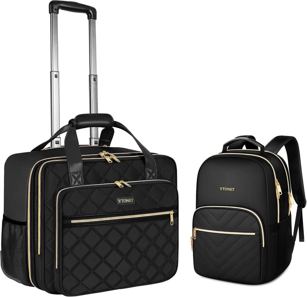 Ytonet Rolling Briefcase for Women, 2pcs Set 15.6 Inch Travel Backpack with 17.3 Inch Rolling Laptop Bag, Large Roller Laptop Briefcase with Wheels, Water Resistant Roller Teacher Bag for work, Black