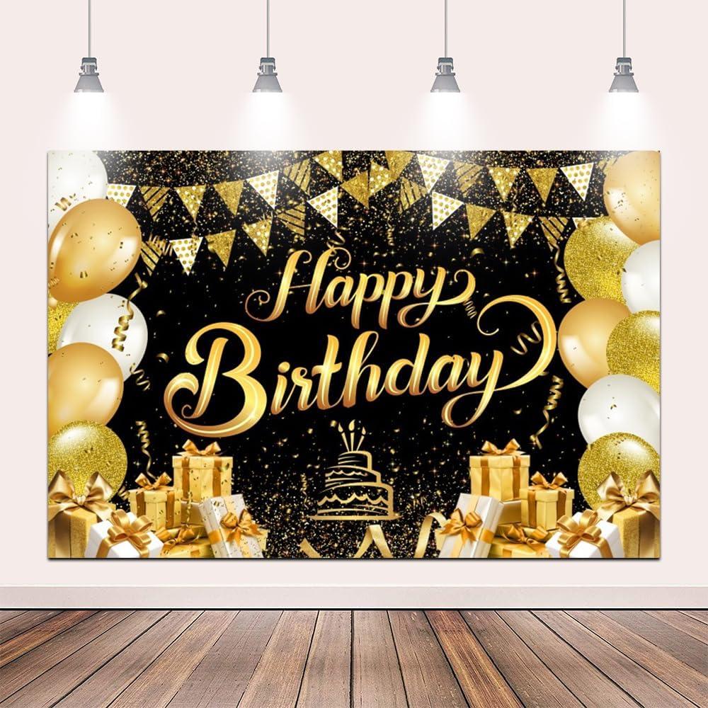 10x8ft Happy Birthday Backdrop Happy Birthday Banner for Men Black and Gold Party Decorations Photo Background