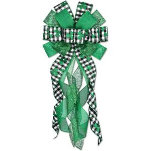 Hying Large St. Patrick's Day Bows for Wreath, Black White Buffalo Plaid Bow Green Irish Shamrock Wreath Bows Holiday Burlap Tree Topper Bows for Front Door Saint Patrick's Day Decorations Supplies