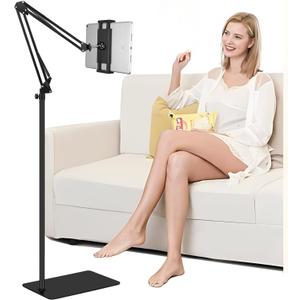Tablet Floor Stand with Heavy Duty Base, Overhead Bed phone Stand Angle Height Adjustable Arm Stretchable Stand Holder, Compatible with iPad Mini Air Pro, Galaxy Tab, Kindle, E-Readers,Cell Phones