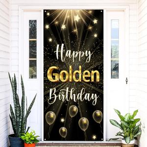 Labakita Happy Golden Birthday Banner, Golden Birthday Door Banner Decorations, 5th 6th 21st 24th 25th 28th 30th 50th 60th Bday Party Sign