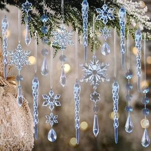 18pcs Crystal Christmas Ornaments for Christmas Tree Decorations-Blue Hanging Acrylic Snowflake and Icicle Ornaments with Drop Pendants for New Year Party Decorations Supplies
