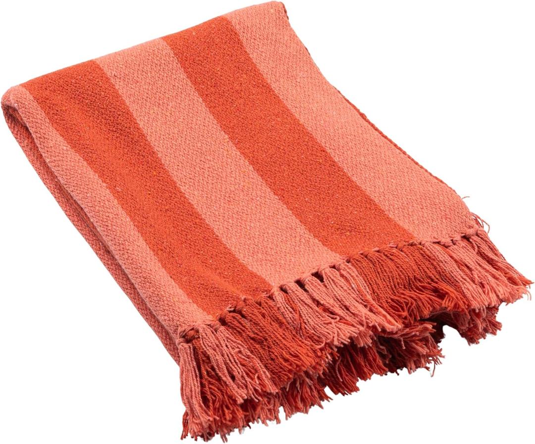 Creative Co-Op Woven Cotton Blend Throw with Stripes and Fringes, Red and Pink, 60" X 50"
