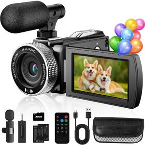 Camcorder Video Camera 4K 48MP Vlogging Camera for YouTube TikTok with Wireless Lavalier Microphone for Video Recording, 18X Digital Video Camera 3.0 Inch Screen Digital Camera with Remote (Black)
