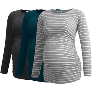 Smallshow Women's Maternity Shirts Long Sleeve Pregnancy Clothes Tops 3-Pack, L
