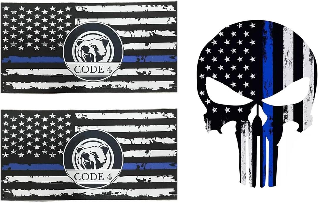 2 x 3pcs US Flag Code 4 Thin Blue Line Skull Car Stickers Decal, Honoring Police Support Truck Window Laptop Bumper Stickers, Bandera de polica la lnea Azul para carro