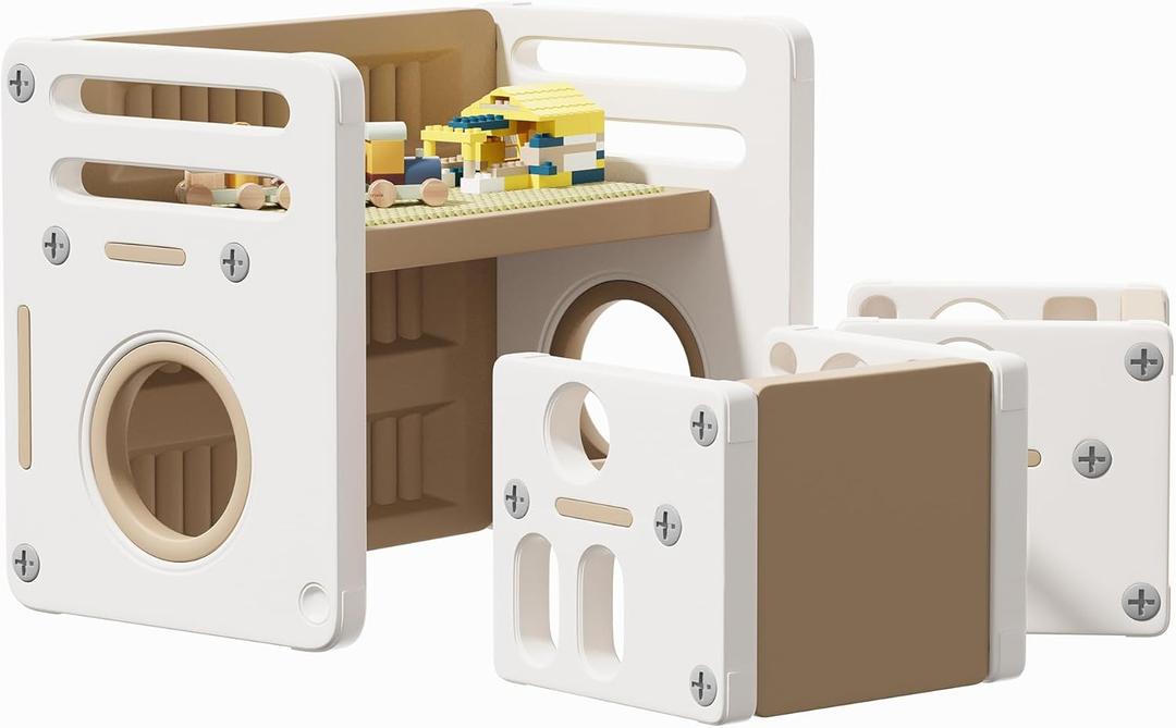 Kids Table and Chairs Set Toddler Activity for 1-3 Children Baby Drawing Craft Art Paly Montessori Table Desk for Mealtime Study for Playroom Nursery (Khaki White-Double Chairs)