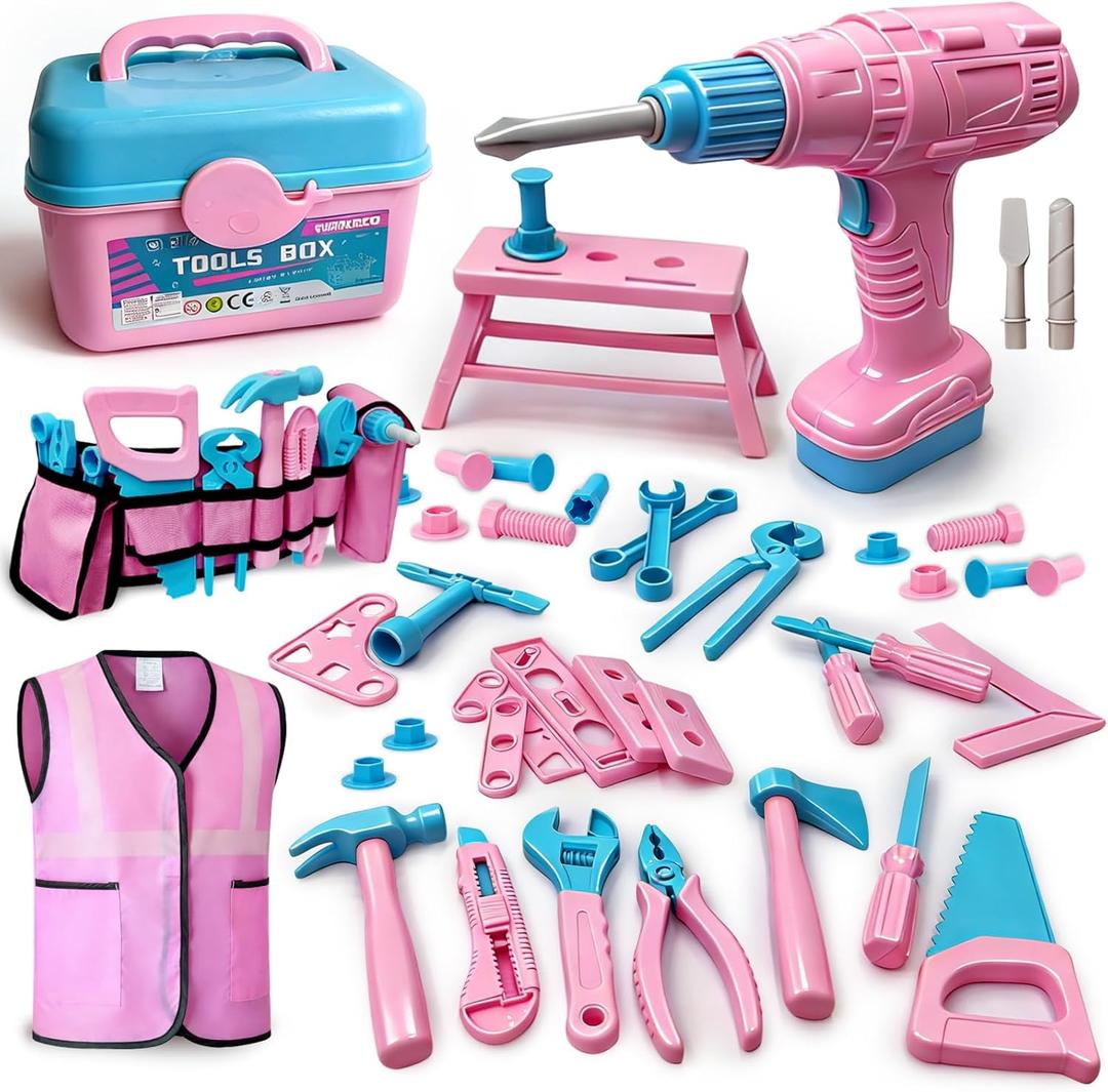 Kids Tool Set 55Pcs Tool Box Toddler Tool Kit for Girls Play Tools Toy with Tool Belt Electronic Toy Drill Safety Vest Pretend Play Construction Toy for Girls Boys Ages 3 4 5 6 7 Years Old (Pink)