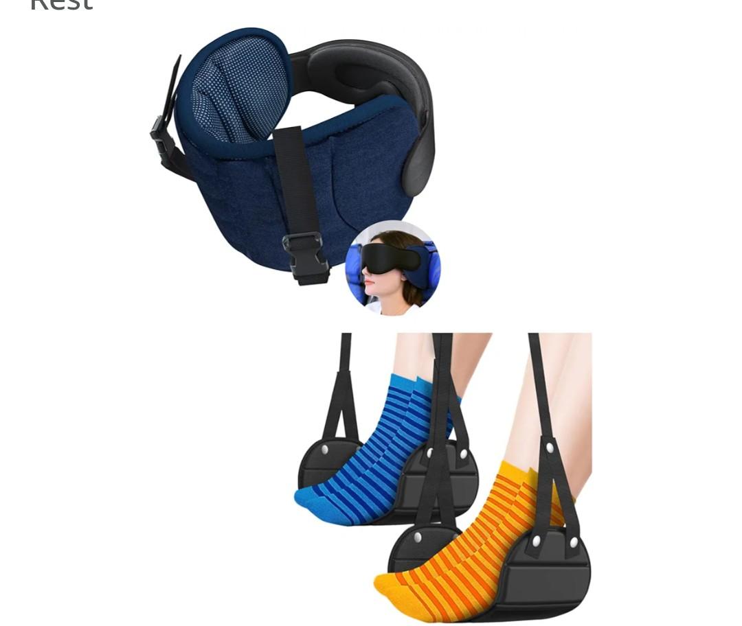 Travel Pillows and Airplane Foot Hammock for Long Flight, Travel Essentials, 360° Support Headrest, Stop Bobblehead, Foot Rest