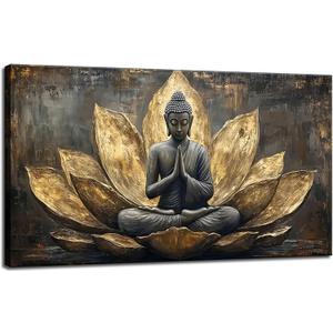 Large Buddha Lotus Canvas Wall Art Abstract Gold and Grey Zen Buddhism Decor painting Pictures Modern Serene Meditation Posters Prints for living room Bedroom Office Hallway Home Decoration (40"L x 20"W)