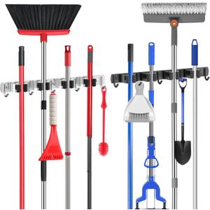 Nacena Broom holder Wall Mount, 2-Pack Stainless Steel Self-Adhesive Mop and Broom Hooks Heavy Duty Broom and Mop Storage Rack Laundry Room Organization Garage Organizer for Kitchen Garden Garage