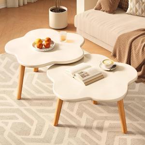Coffee Table and End Table Sets Small Wood Coffee,Flower Shape Tabletop,Easy to Move & Assemble for Small Space,for Living Room,Bedroom,Office. (White)