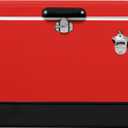 FSE Hard-Sided 54 Qt. / 80 Can Metal Cooler, Two-Tone Gray Camo and Black, Durable Outdoor Beverage Cooler with Latch Closure, Plastic Lining, Side Handles, Portable Tailgating and Camping Ice Chest (Red)