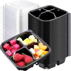 80 Pack 4-compartment Bento Snack Boxes with Lids Reusable Divided Lunch Containers for Travel Work Home School Outdoor Camping (Black)