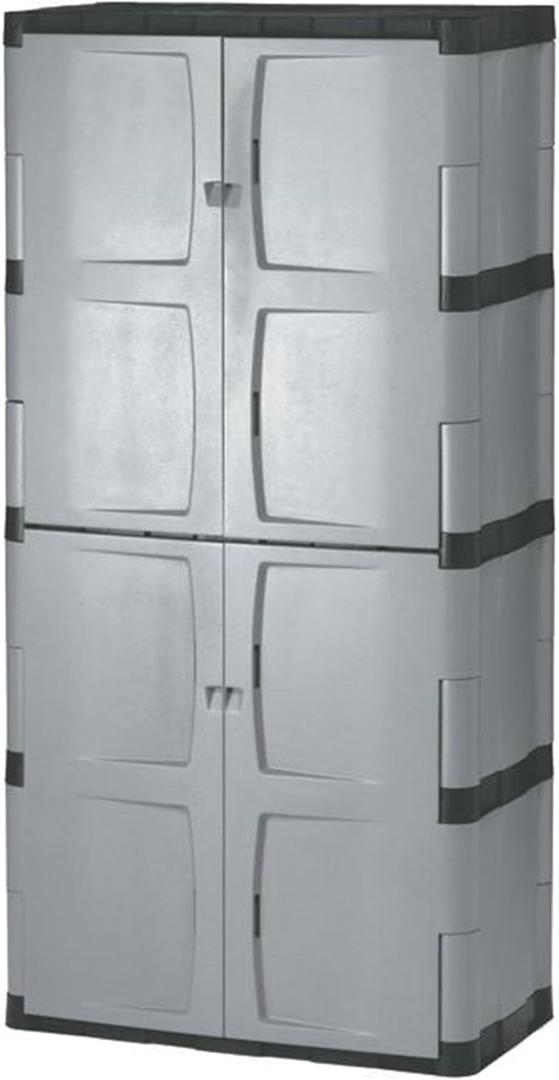 Rubbermaid Freestanding Storage Cabinet Five Shelf with Double Doors Lockable Large 690-Pound Capacity Gray For Garage/Outdoor Garden Tools/Toys/Power Tools/Pool Accessories Grey