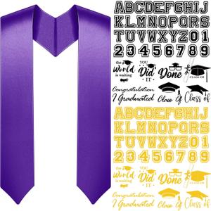Spakon Unisex Adult Plain Graduation Stole with a to Z Letter 0 to 9 Number Graduation Pattern Badge Decorate Repair Patches (Purple)