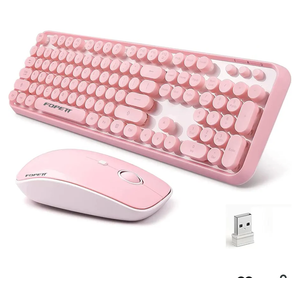 FOPETT Wireless Keyboard and Mouse Combo, 104 Keys Full-Sized 2.4 GHz Round Keycap Colorful Keyboards, USB Receiver Plug and Play, for Windows, Mac, PC, Laptop, Desktop (Pink)