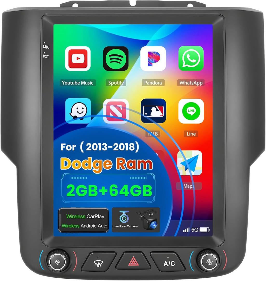 2+64GB for Dodge RAM 1500 2500 3500 2013-2018 (for Auto A/C) Android 13 Car Stereo Wireless Carplay Android Auto, 9" Touch Screen Radio GPS WiFi Bluetooth SWC Mic AHD Backup Camera