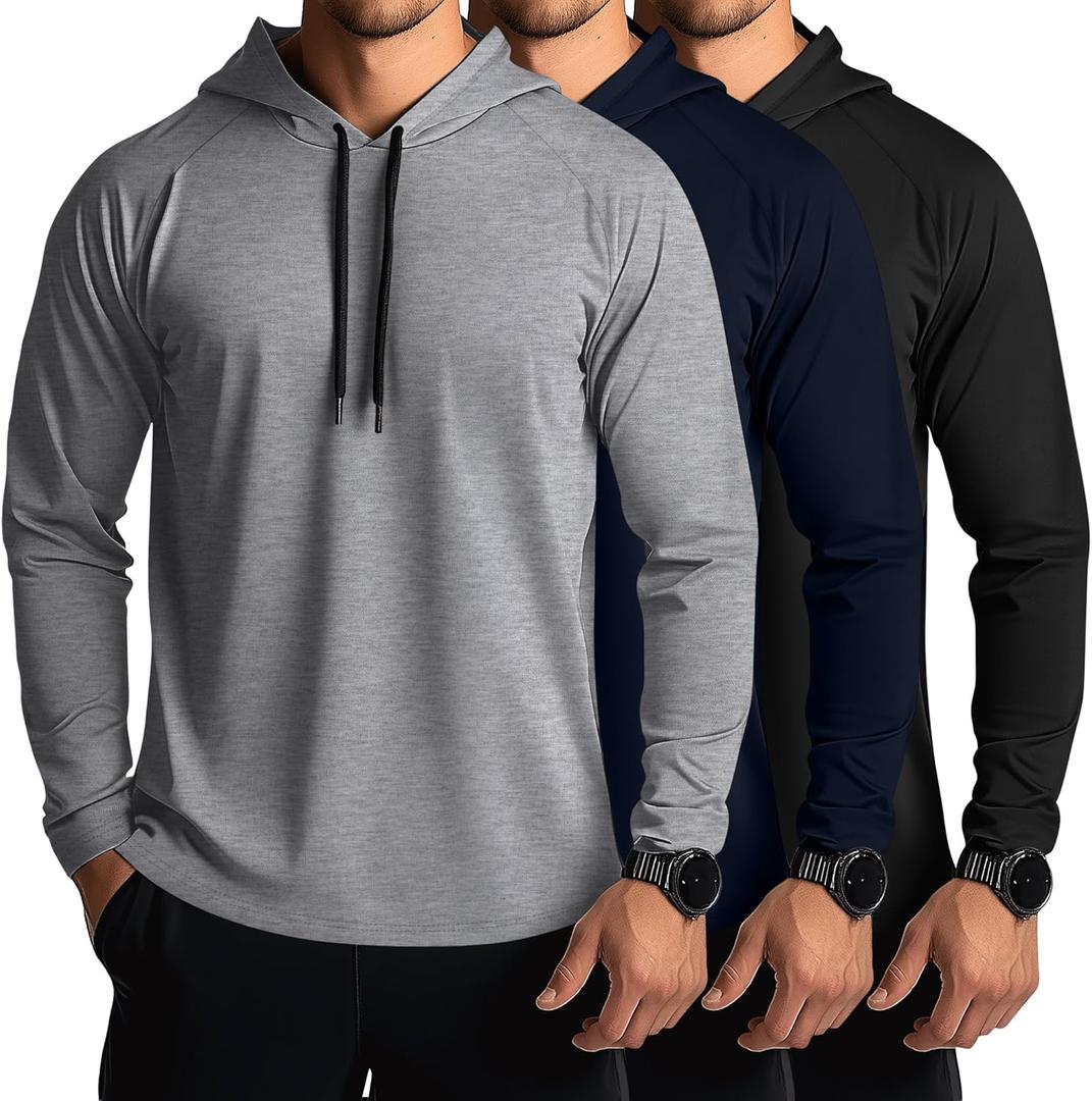 Ficerd 3 Pack Hoodies for Men Big and Tall, Lightweight Long Sleeve Workout Gym Running Fishing Pullover Hooded Sweatshirts (Large, Gray, Navy Blue, Black)