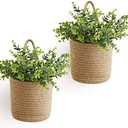Dahey 2 Pack Wall Hanging Rope Basket with Artificial Eucalyptus Farmhouse Decor, Jute Woven Storage Organizer Flower Plants Basket Set Rustic Wall Decor for Porch Living Room Bedroom Entryway,Brown