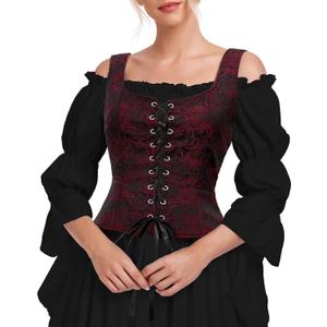 Century Star Corset Tops for Women - Renaissance Costume Pirate Medieval Floral Top Ren Faire Vest Victorian Plus Size Bodice (Small, 01 Red and Black Corset)