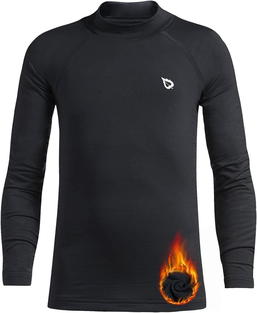 baleaf Boys Thermal Compression Shirts Youth Long Sleeve Fleece Base Layer Soccer Football Cold Gear (Black, XS)