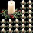 Lyrow 24 Pcs Christmas Candle Rings Wreaths Mini Artificial Garland for Kitchen Cabinet Red Berries Pine Snowy Xmas Holder for Pillars Rustic Centerpiece Table Chandelier Decor(Elegant)