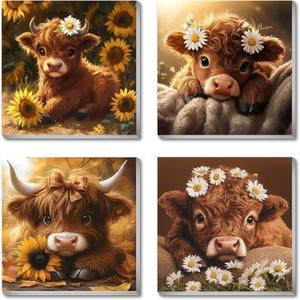 uuxsretaio 4 Pack Framed Paint by Numbers for Adult, Highland Cow Paint by Number for Adults Framed Canvas, DIY Cow Acrylic Painting on Canvas for Home Wall Art Decor 8 x 8 Inch