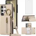 Asuwish Compatible with Samsung Galaxy S24 Ultra 5G Wallet Case with Tempered Glass Screen Protector and Crossbody Shoulder Strap Card Holder Cell Phone Cover for S24Ultra 24S S 24 24Ultra Women Beige