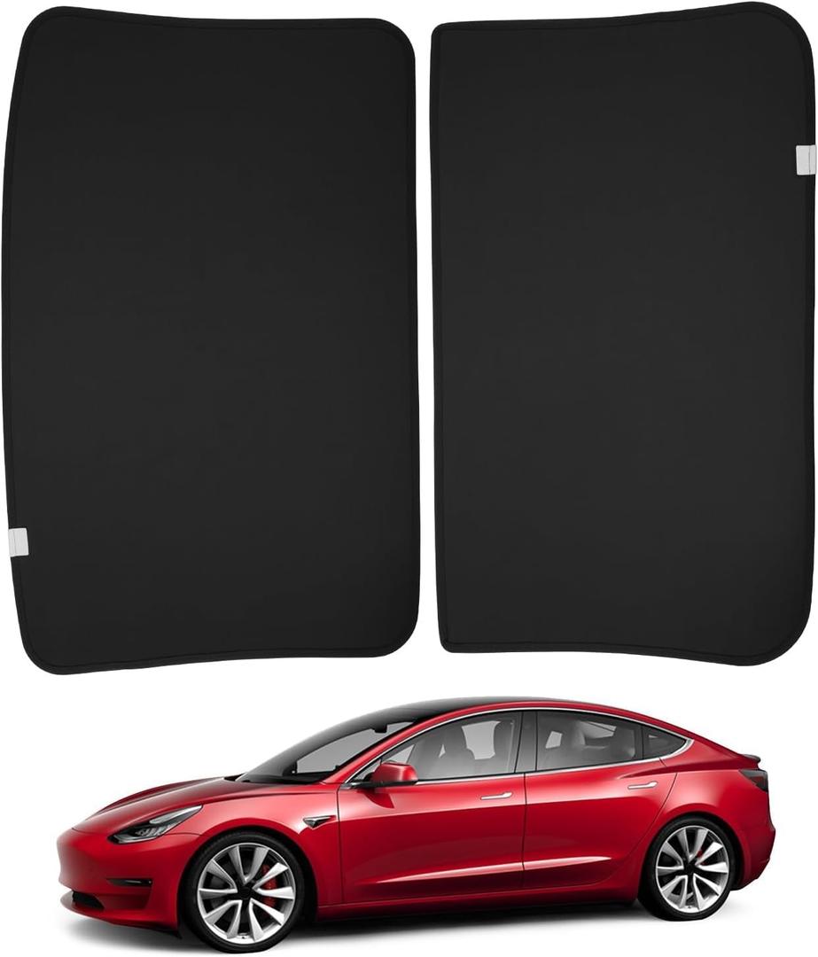 BASENOR Tesla Model 3 Glass Roof Sunshade 20212023, [No Gaps No Sag] Front+Rear Sunroof Heat-Blocking UV Sun Shade with Reflective Covers, Foldable Frame, Black (Proprietary Design)