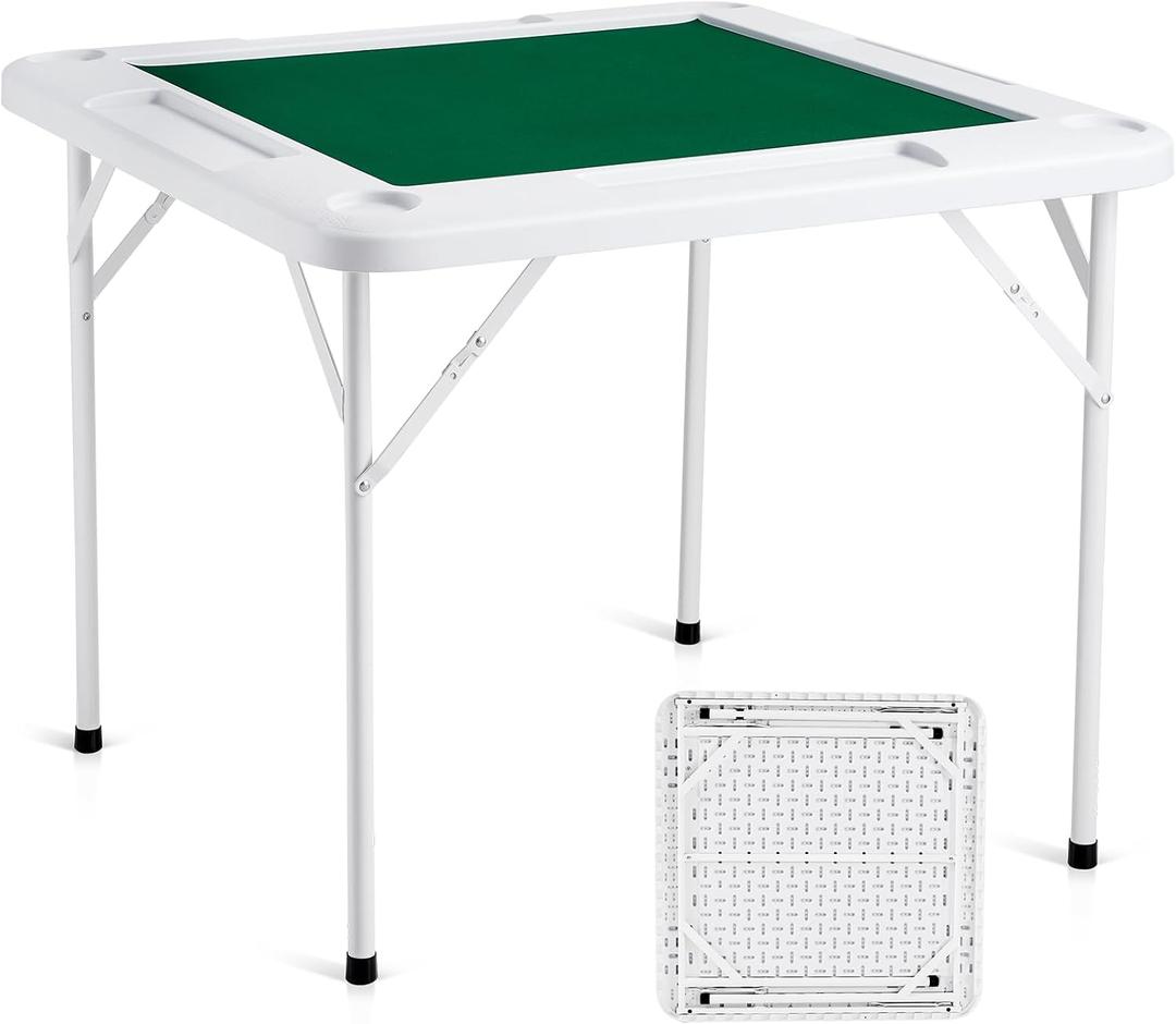 VEVOR Mahjong Table, 4 Player Folding Domino Table with Wear-Resistant Green Tabletop, Portable Square Card Table with 4 Cup Holders & 4 Chip Trays for Mahjong Poker Puzzles, 35.4 x 35.4-inch