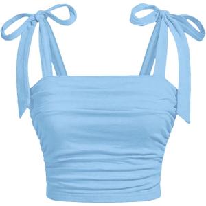 SOLY HUX Girl's Square Neck Crop Tank Top Sleeveless Bow Tie Camisole Ruched Cute Clothes (Plain Light Blue) Size: 8 Years