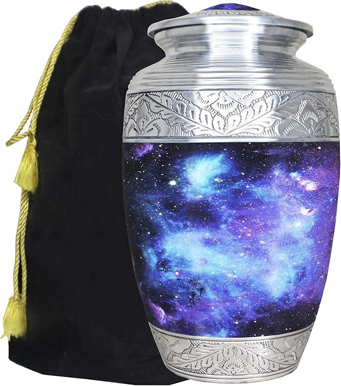 M MEILINXU Urn for Ashes Adult Male & Female, Cremation Urns for Human Ashes Adult Man & Woman, Aurora Borealis Cremation Container, Funeral Decorative Urn for Burial, Blue Cosmic Galaxy  Large