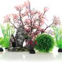 JIH Aquarium Fish Tank Plastic Plants and Cave Rock Decorations Decor Set 7 Pieces, Small and Large Artificial Fish Tank Plants with Cave Rock (CU89Red-7) (Cu89red-7)