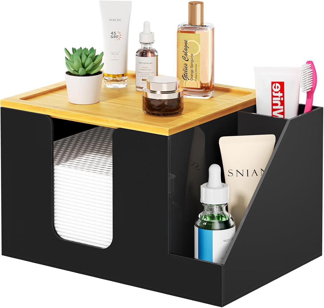 VITVITI Disposable Face Towel Holder Box, Acrylic Clean Skin Club Facial Towel Container with Toothbrush Holders, Large Disposable Face Towels Storage for Bathroom Vanity Makeup, Black
