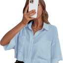 Women's Pocket Half Sleeve Button Front Summer Oversized Crop Blouse Tops (Light Blue)