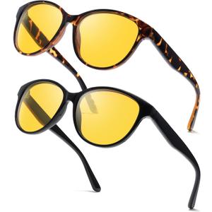 FIMILU 2 Pack Night Driving Vision Glasses for Women, Polarized Reduce Glare and Enhance Visual Abilities for Nighttime 22526 (Z04 Black+browntortoise/Yellow Lens)