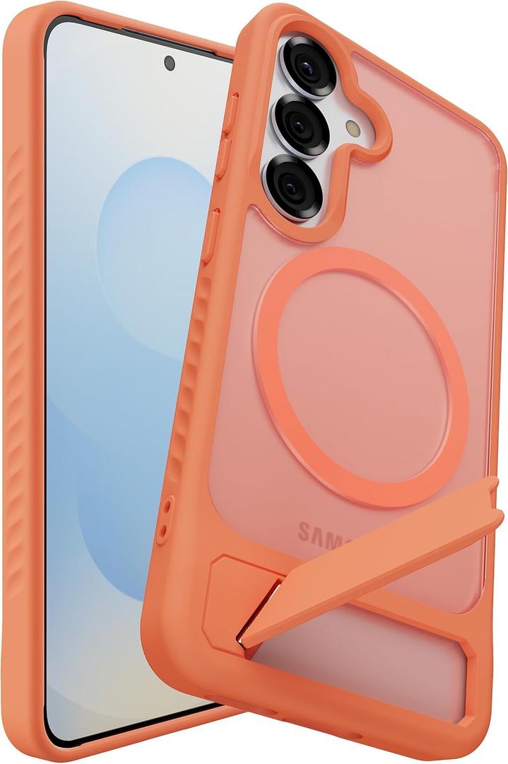 Magnetic for Samsung Galaxy S24 Case / S25 Case with Kickstand, Compatible with Mag-Safe, Slim Shockproof Grippy Translucent Matte Phone Cover, Built in Invisible Stand, Orange