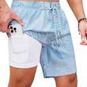 Mens Swim Trunks with Compression Liner Men's Bathing Suits 7 Inch 2 In 1 Soft Stretchy Quick Dry Comfort Drawstring Blue Tropical Palms Pockets Beach Pool 4-way Breathable Husband Boyfriend Summer (Blue, L)