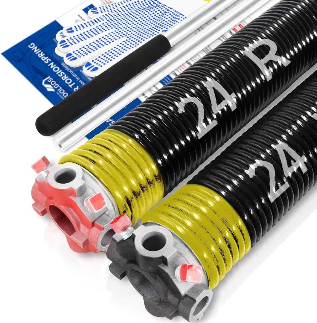 Pair of 2" Garage Door Torsion Springs Set with Non-Slip Winding Bars & Gloves, High Precision Electrophoresis Oil-Free Black Coated for Replacement, MIN 16,000 Cycles (0.207x 2" x 24'')