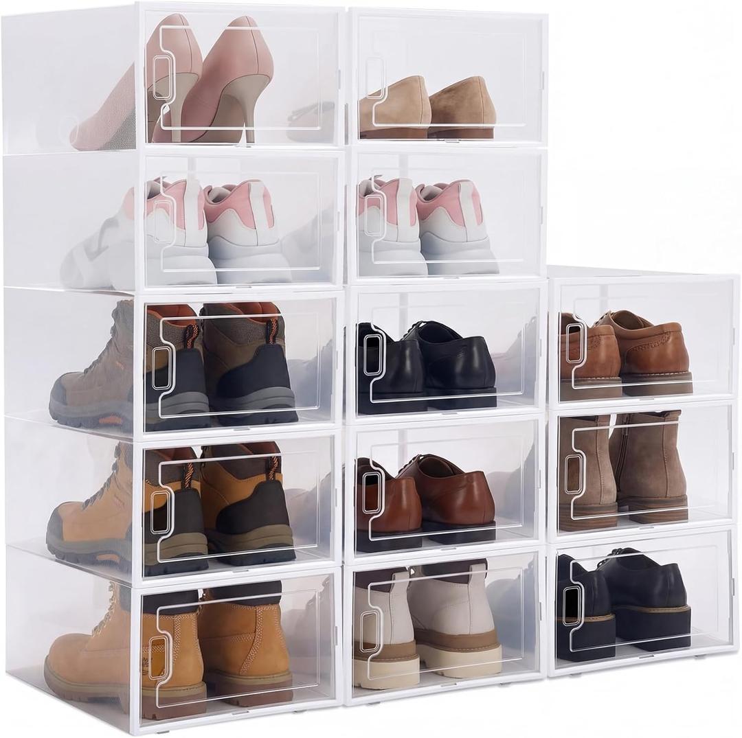 CroBlissful 12 Pack Large Shoe Storage Box Fit Size 10 Soft Plastic Closet Clear Shoe Organizer with Lids, Detachable Stackable Connectable Horizontally Vertically Foldable Sneaker Storage Bin