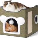 Cat Houses for Indoor Cats, Large Cat Cave with Fluffy Ball and Scratch Pad, Covered Cat Bed House, Foldable Cat Hideaway (Beige)