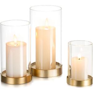 Hewory Hurricane Candle Holder for Pillar Candles: Gold Votive Candle Holders Set of 3, Glass Hurricane with Metal Candle Plate, Pillar Candle Holder for Table Centerpiece Wedding Holiday Home Decor