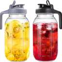 Mason Jar Pitcher, 64 OZ 2 Pack Glass Pitcher with Lid Double Leak-proof with Handle Water Jug Wide Mouth Breast Milk Pitcher Fridge Container for Water, Juice, Iced Coffee, Tea, Juice - Black+Grey