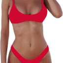 SherryDC Women's Solid Scoop Neck Push Up Padded Brazilian Thong Bikini Swimsuit Bathing Suit (Small, Red)
