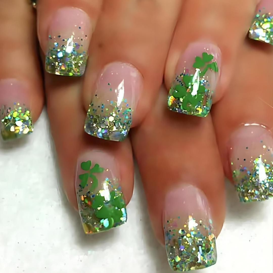 St. Patrick's Day Shamrock Press on Nails Short Square Fake Nails with Glitter Shamrock Designs Full Cover St. Patrick's Day Cute Stick on Nails Acrylic False Nails for Women Girls Nail Decoration