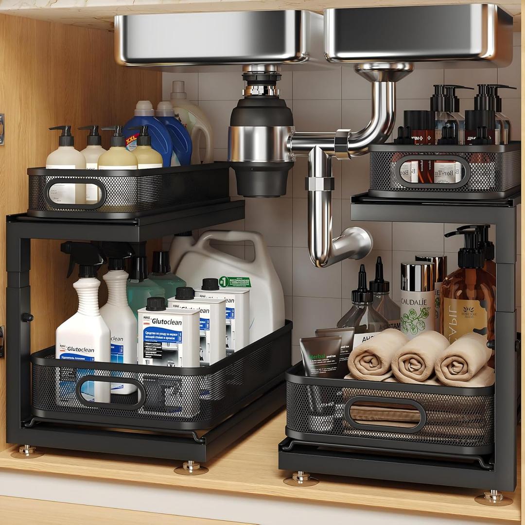 2-Pack Under Sink Storage Organizer with 2-Tier Slide Out Drawer, Sophisticated Mesh Pull Out Shelf for Kitchen & Bathroom, Fits Small Items, Upgraded Arched Track for Smooth Gliding